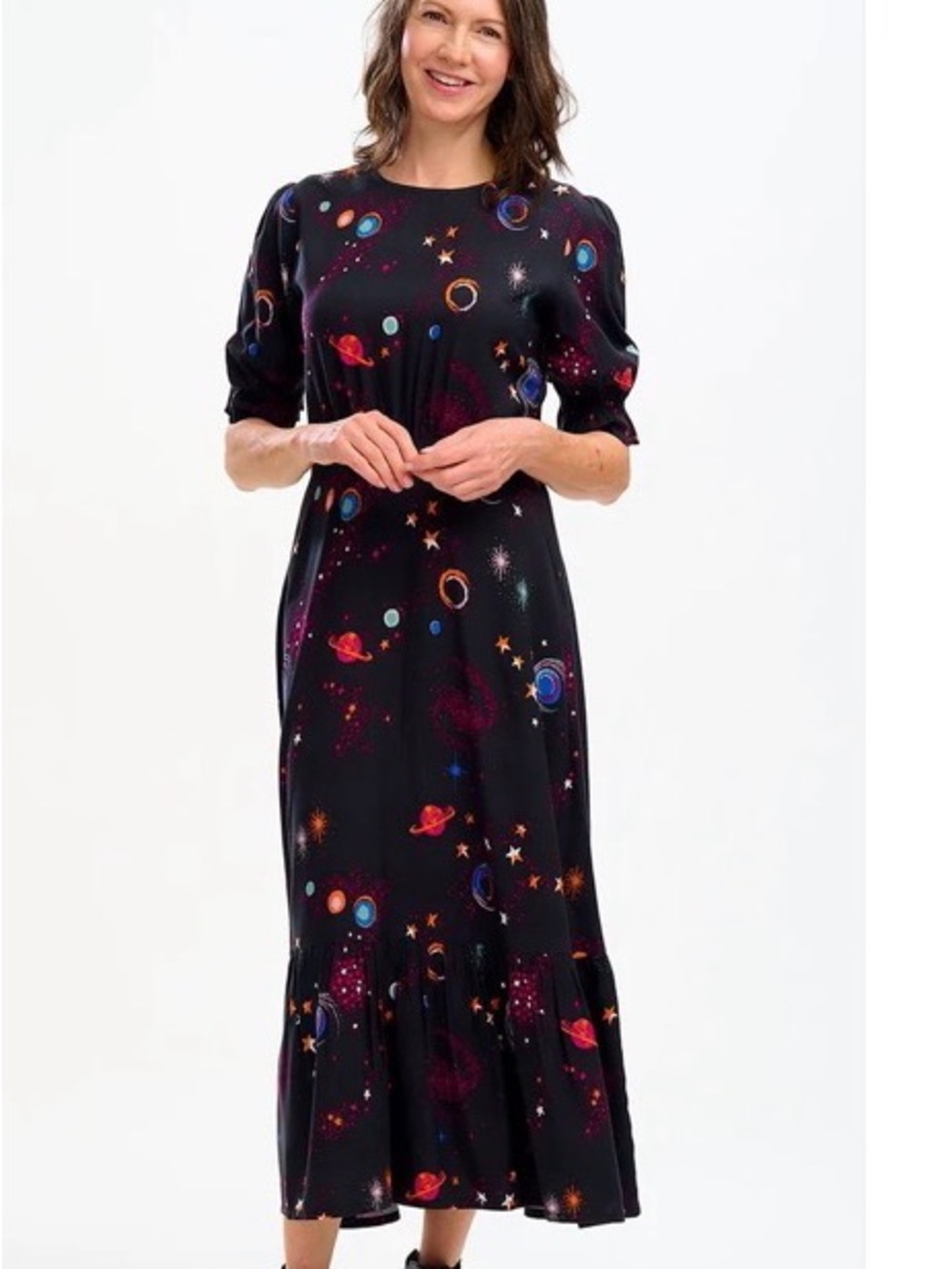 Sugarhill Brighton Amilie Midi Tea Dress, Black Colourful Universe US 6